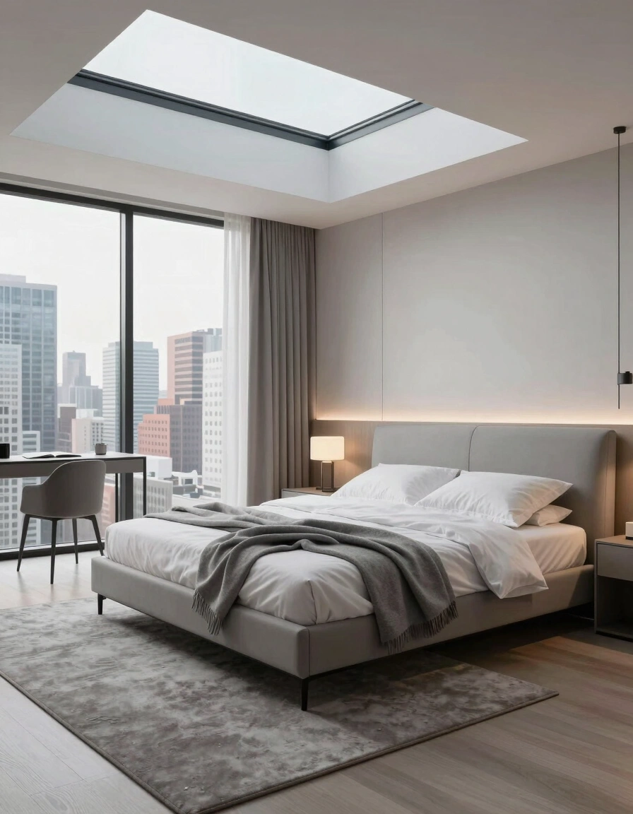 A modern bedroom with a skylight and city view, featuring a gray bed, white bedding, and minimalist decor.