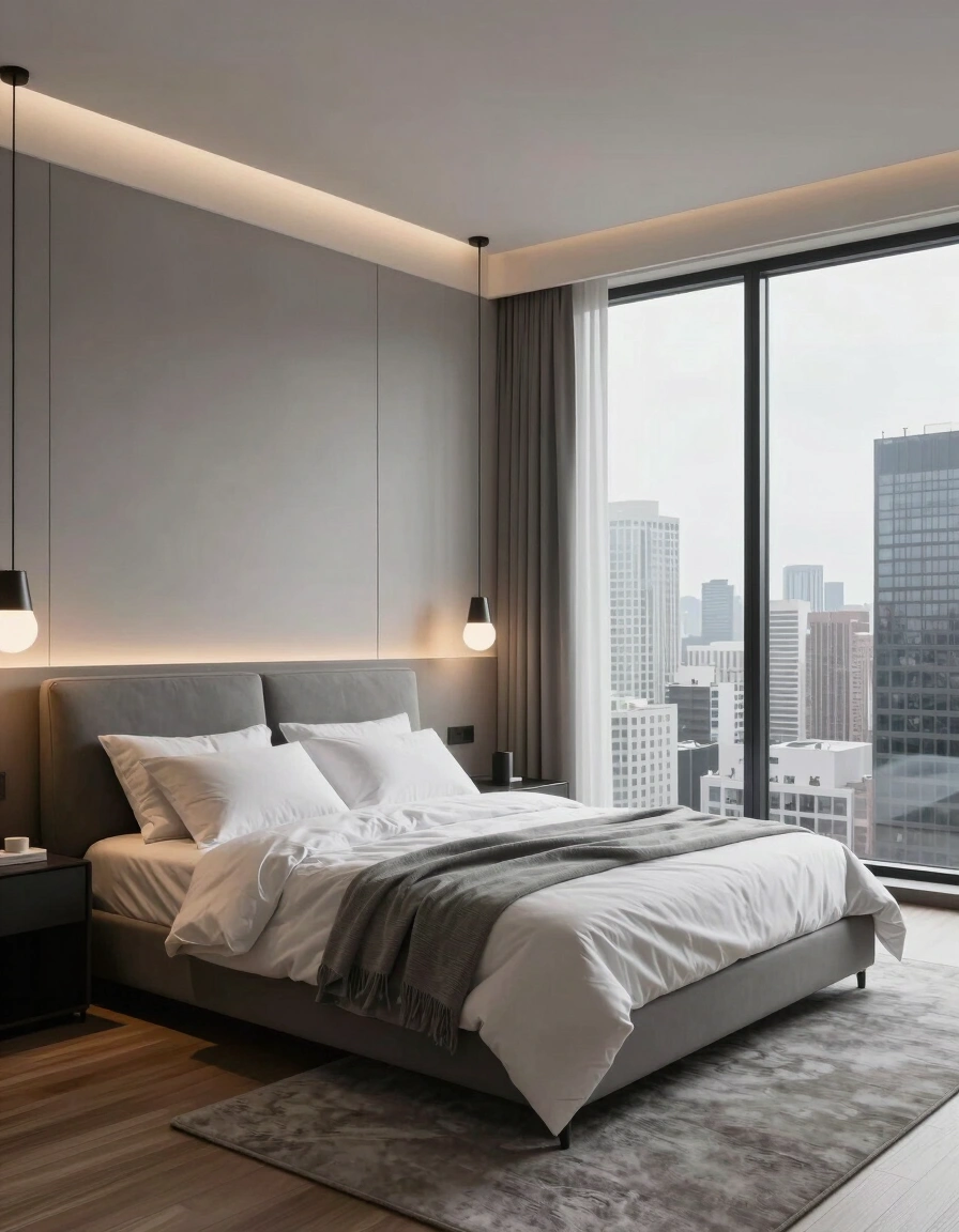 A modern bedroom with a large window showing a city view, a gray bed, and pendant lights.