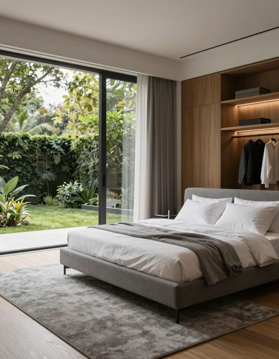 A modern minimalist bedroom with a large glass door, gray bed, and built-in wooden closet, surrounded by a lush green garden.