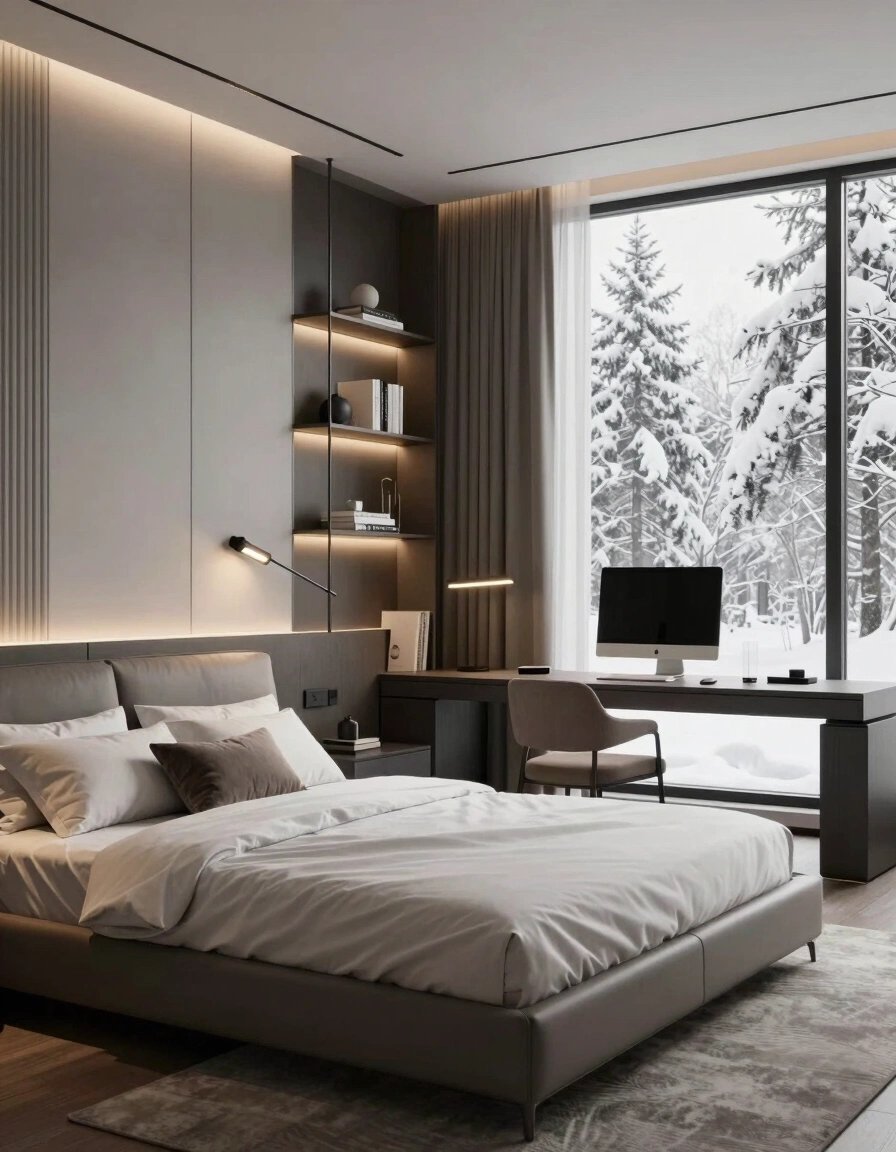 A modern bedroom with a gray leather bed, white bedding, and a built-in shelving unit, accompanied by a desk area and a large window with a snowy view.