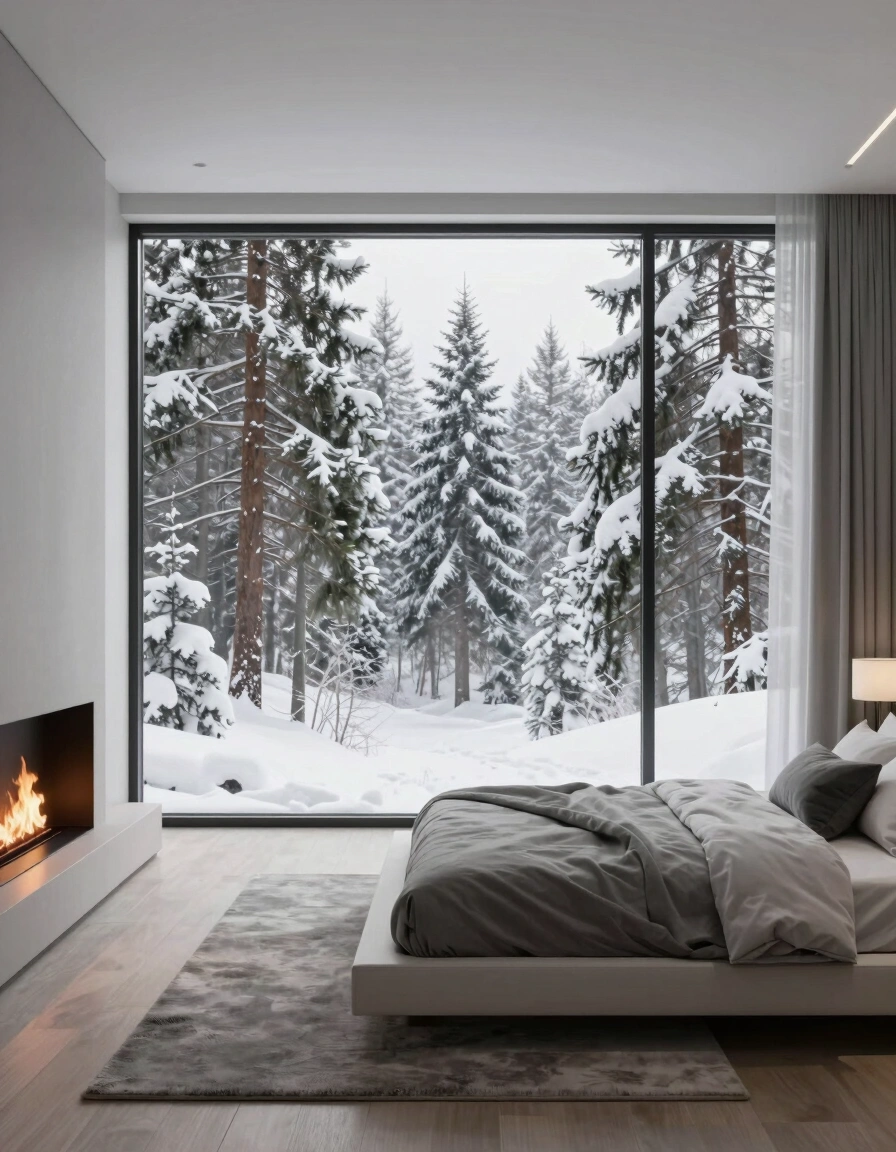 A modern bedroom with a white bed, gray rug, and fireplace, overlooking a snowy forest through large windows.