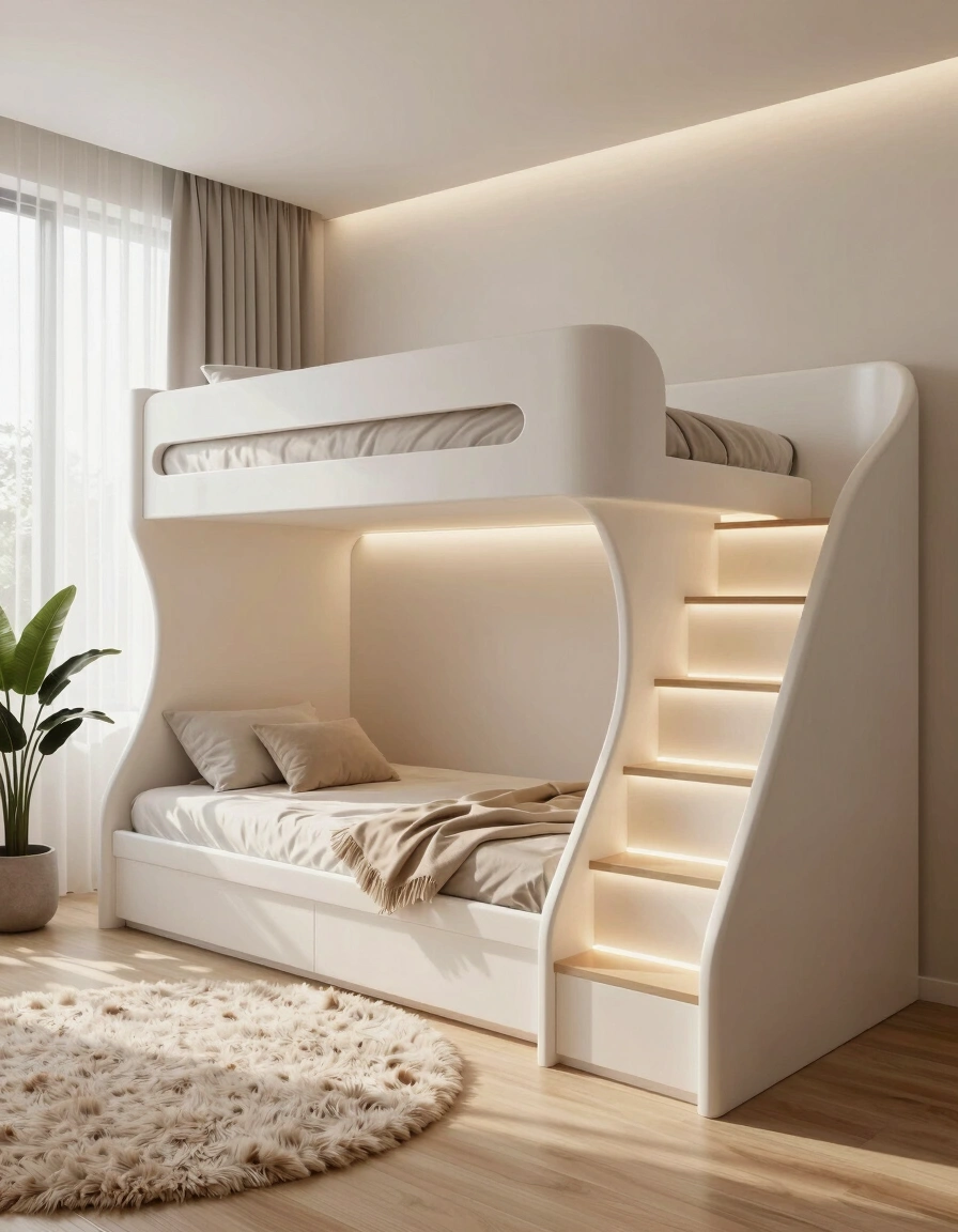 A modern bedroom with a white curved bunk bed, round beige rug, and potted plants, illuminated by natural light and soft LED glow.