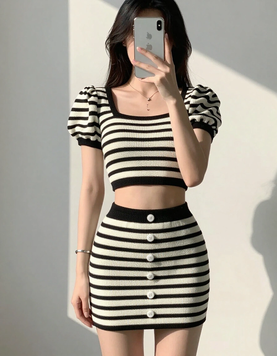 Young woman in black and white striped outfit taking a selfie with an iPhone.