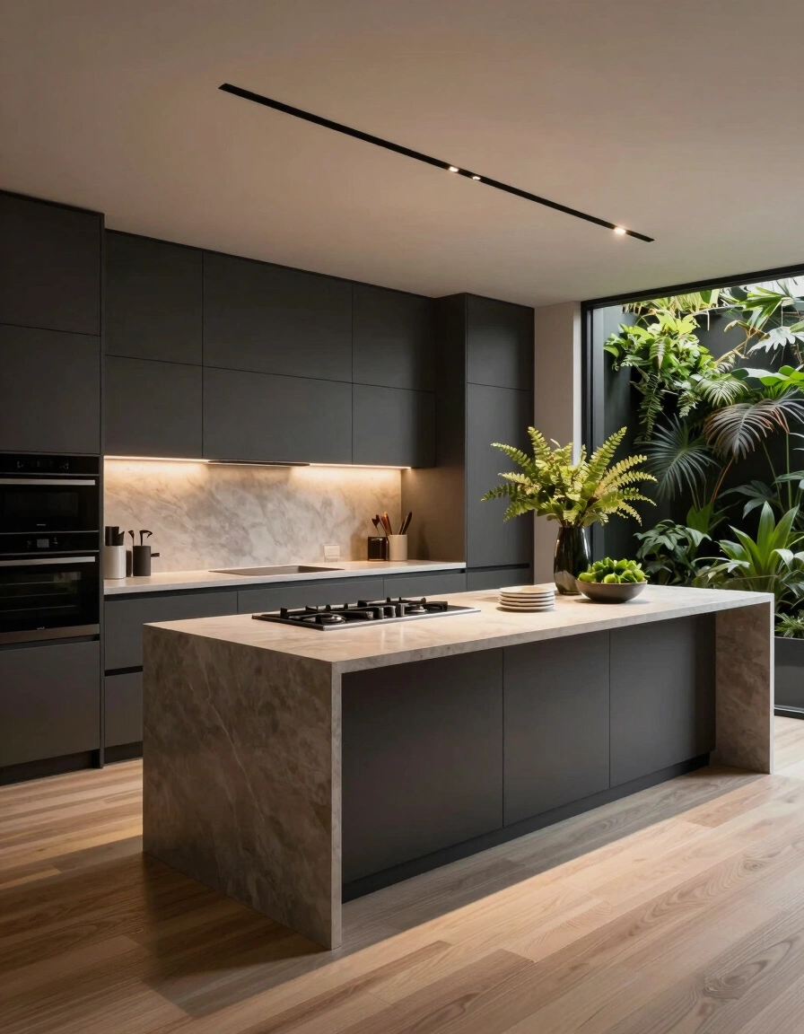 A modern kitchen with dark gray cabinets, a large island, and a vertical garden