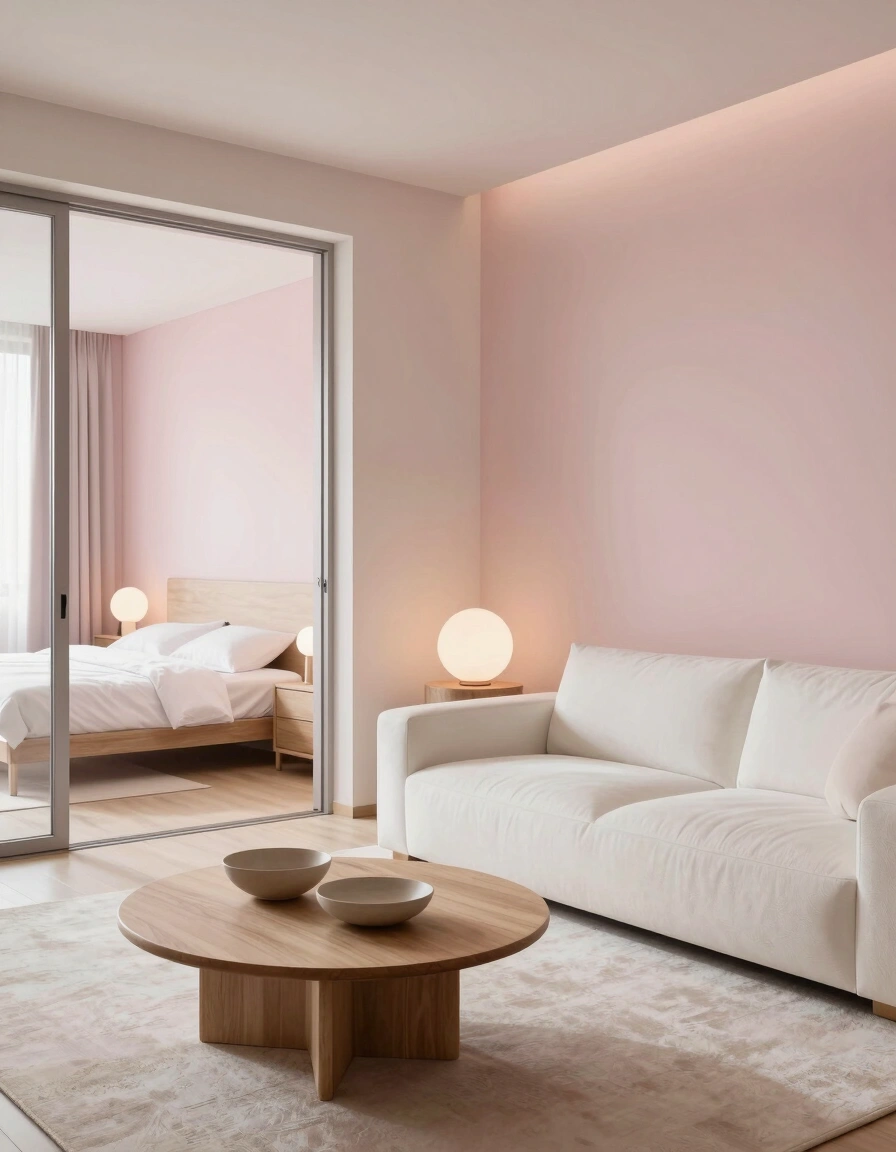 A modern living room with a white couch and round wooden coffee table, adjacent to a bedroom visible through a glass door, featuring soft pink walls and spherical lighting.