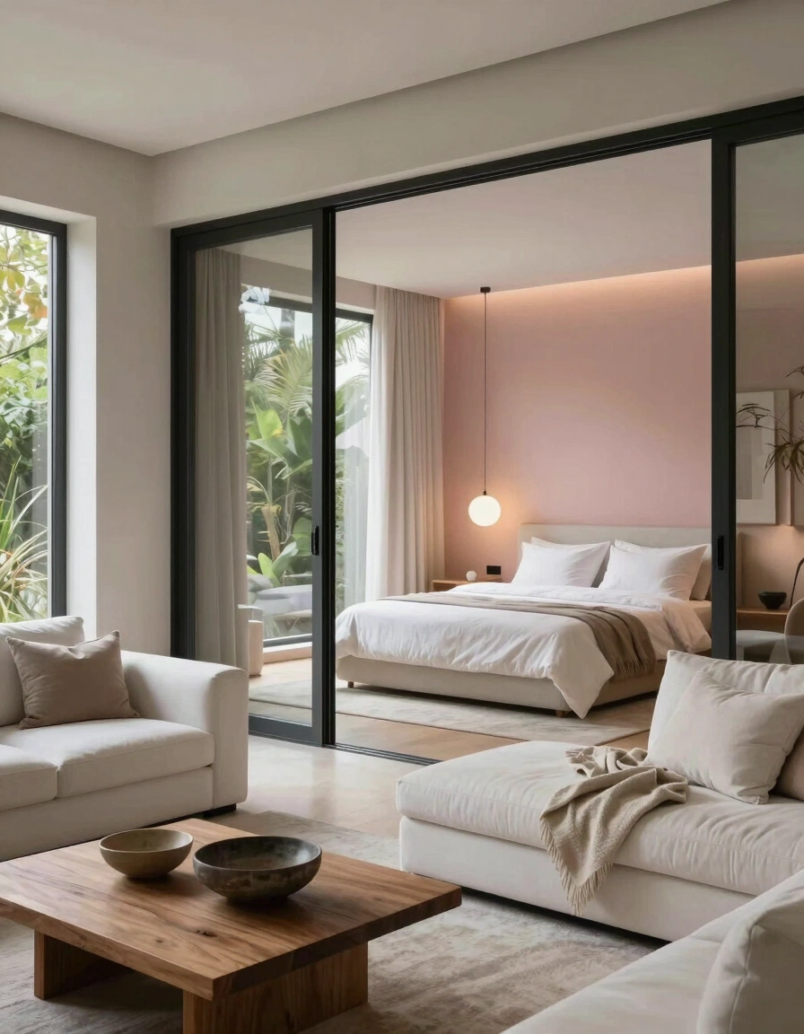 A modern living room with white couches, a wooden coffee table, and large glass doors leading to a minimalist bedroom with a white bed and pink accent wall.