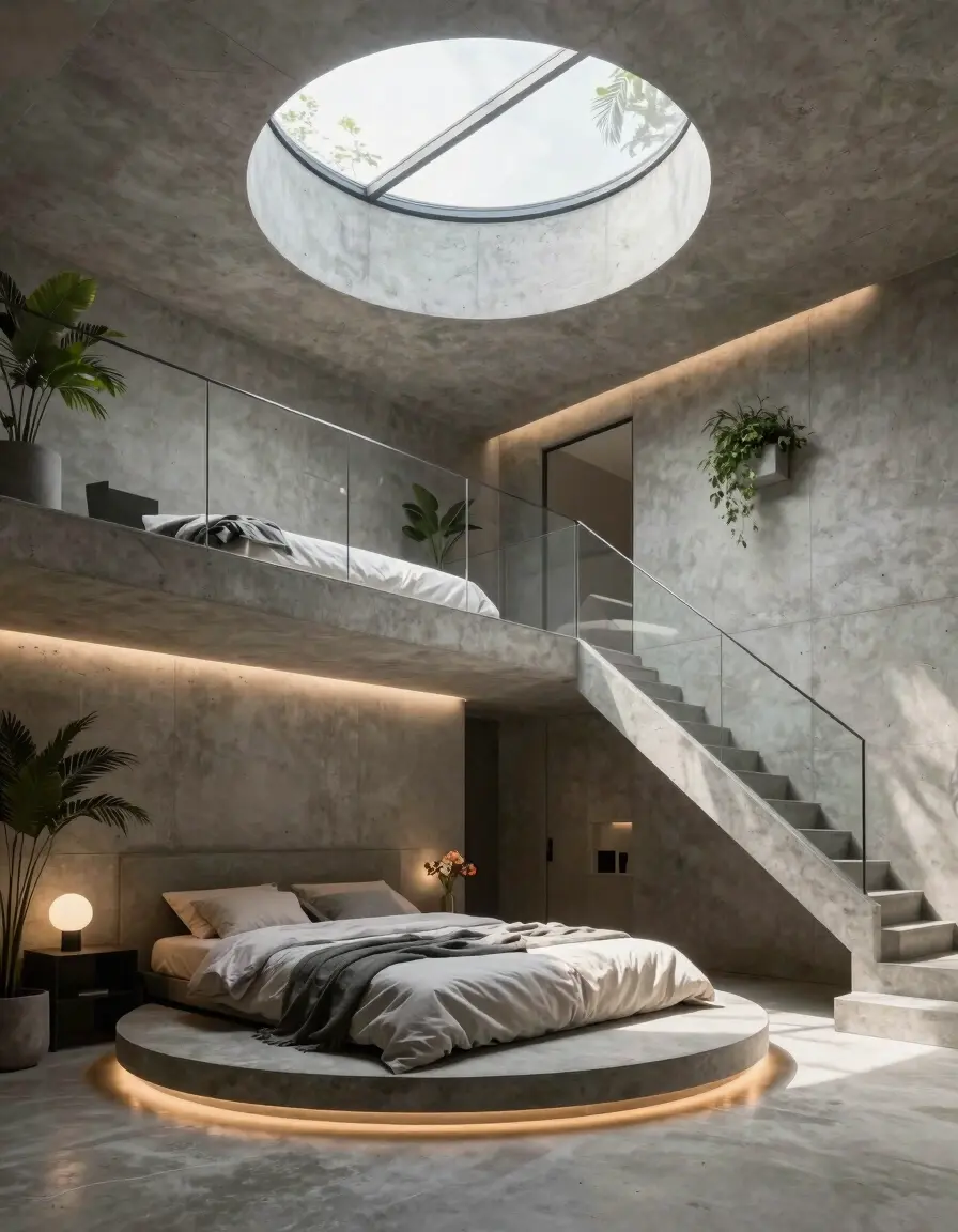 A modern loft interior with a circular bed, mezzanine level, and concrete walls and floor, illuminated by natural light from circular skylights.