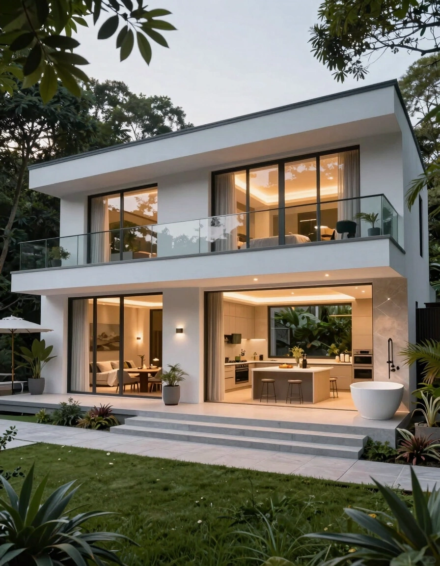 A modern white house with large glass windows and a balcony, surrounded by greenery and a well-manicured lawn.