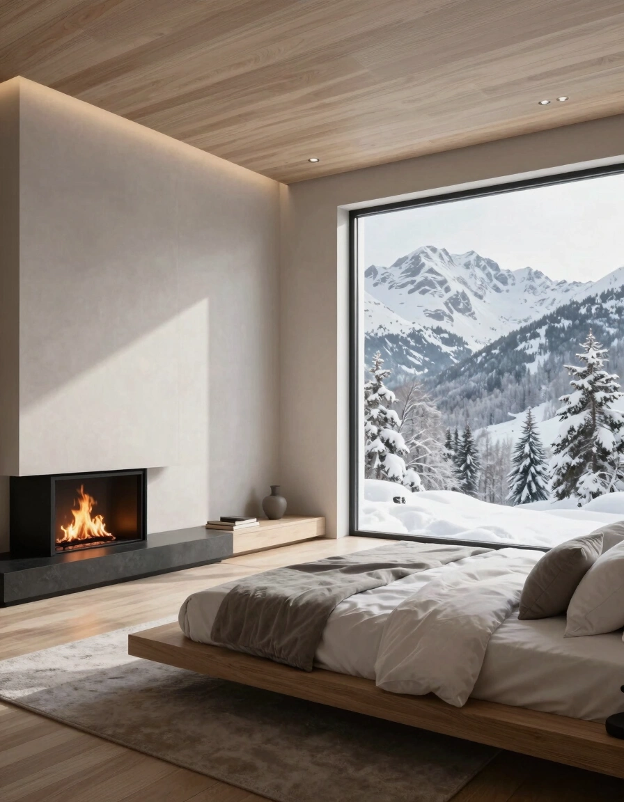 A modern bedroom with a large window showing snowy mountains, a wooden bed, and a black fireplace.