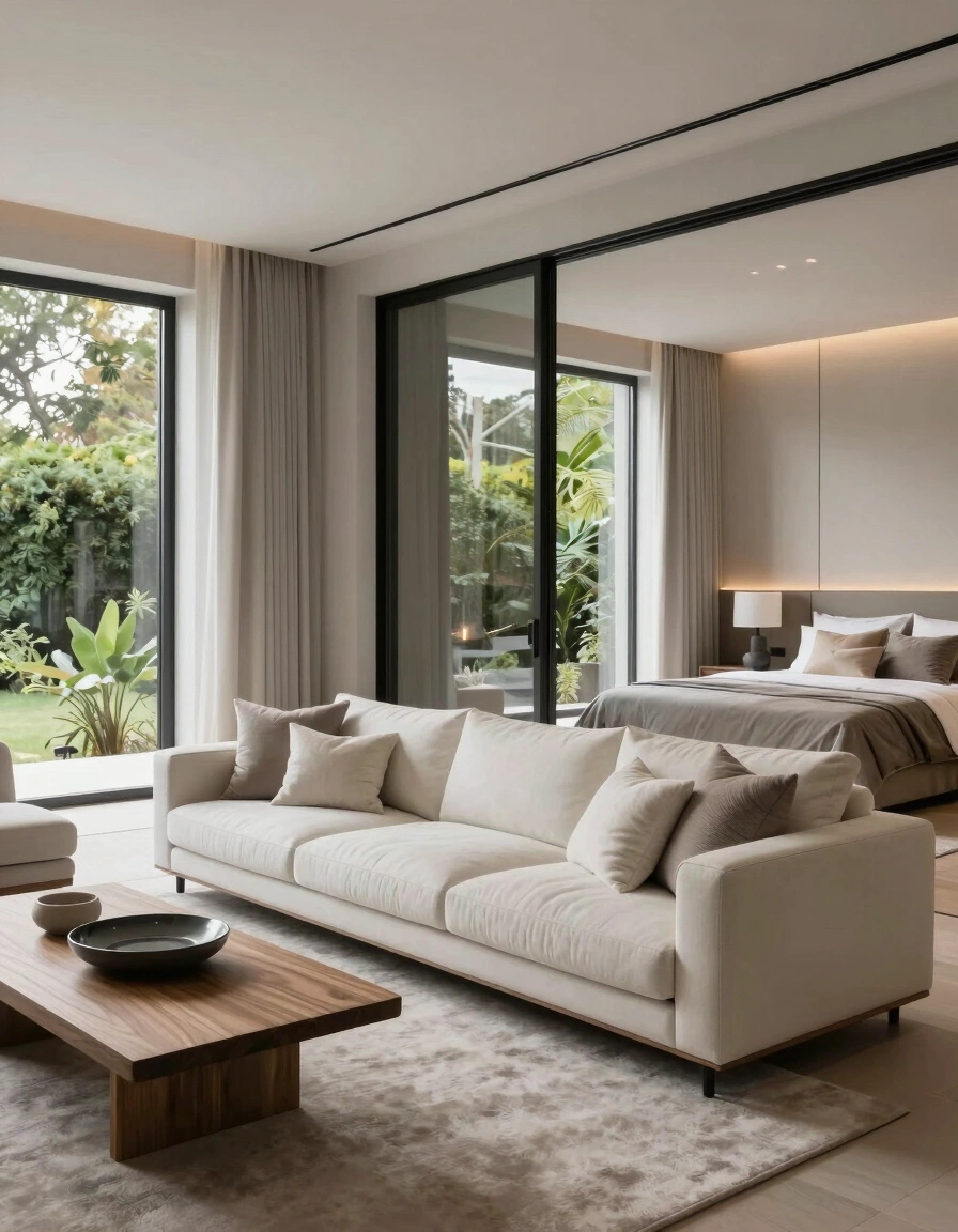 A modern minimalist living room with a white couch, wooden coffee table, and a large window offering a view of lush greenery.