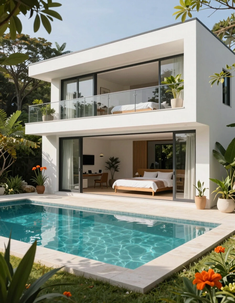 A modern white house with a pool and lush greenery, featuring large glass windows and a minimalist interior design.