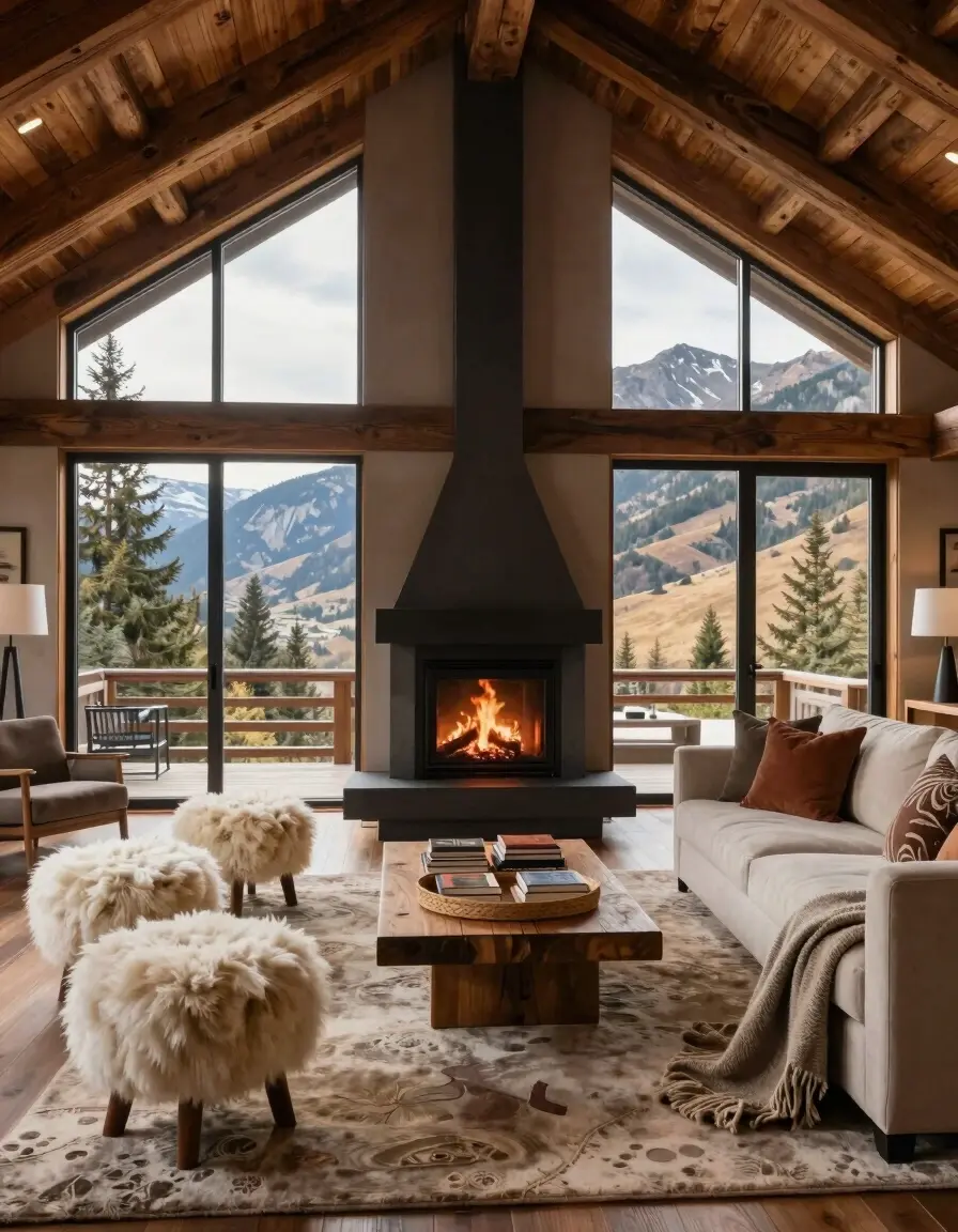 A cozy modern mountain lodge living room with a suspended fireplace, large windows, and comfortable seating areas.