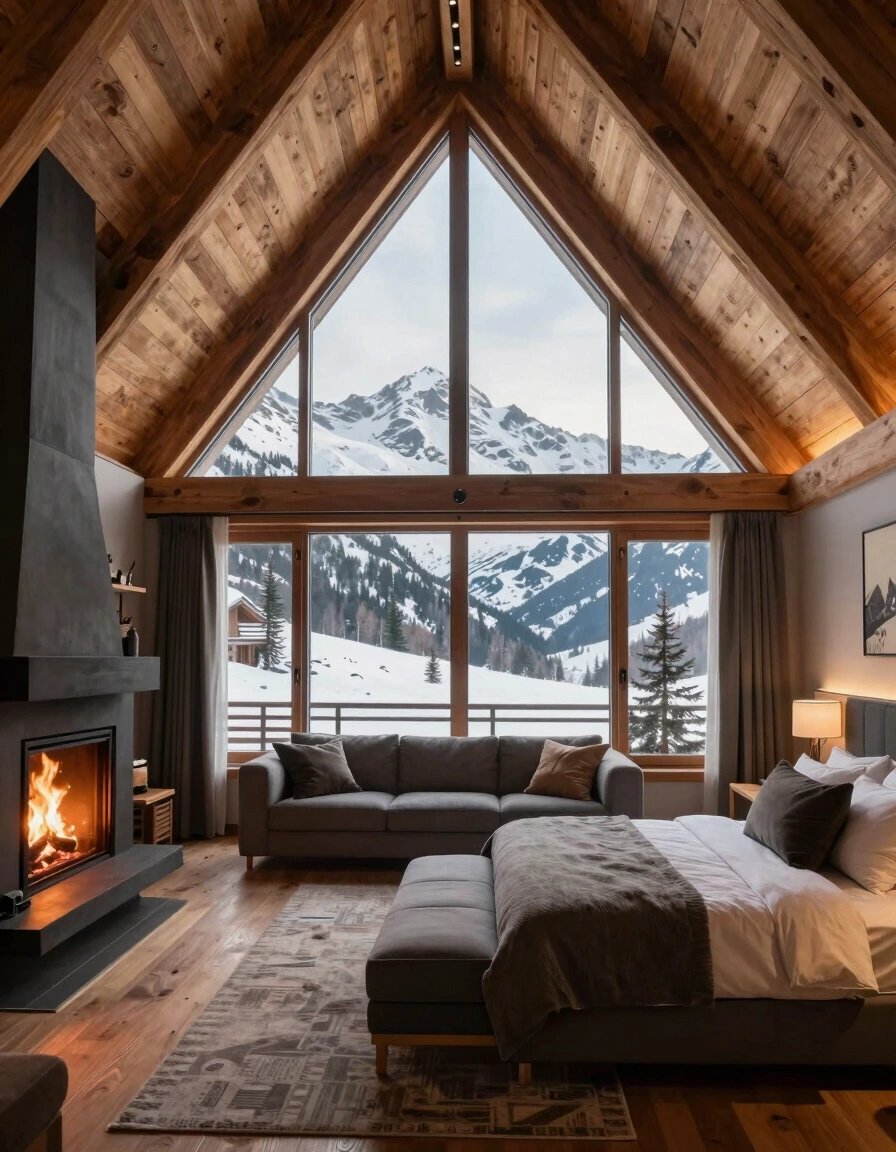 Modern mountain lodge bedroom with vaulted ceiling, large windows, fireplace, and minimalist bed.