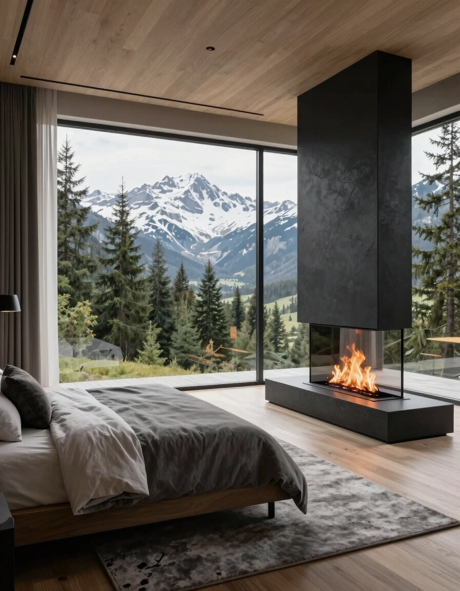 A modern bedroom with a large window showing snow-capped mountains and trees, a minimalist bed, and a modern fireplace.