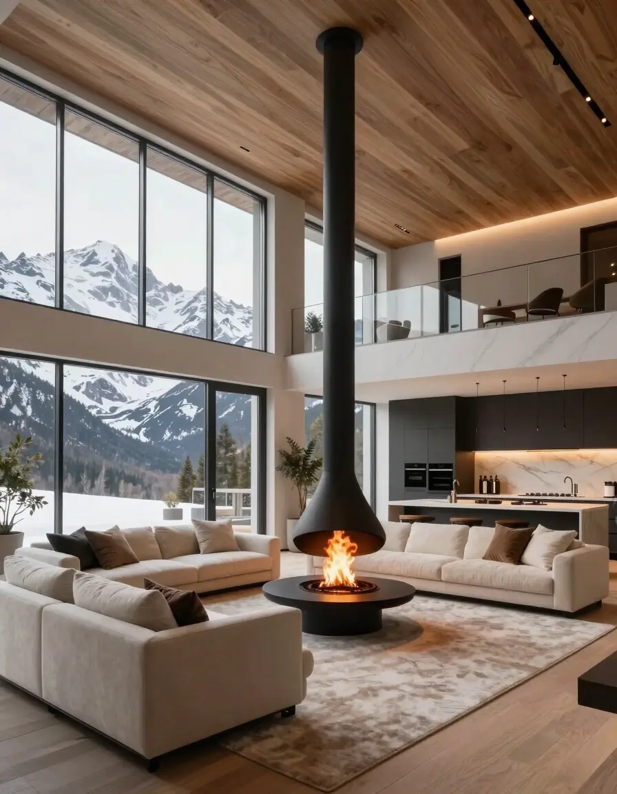A modern living room with a fireplace and large windows showing snowy mountains.