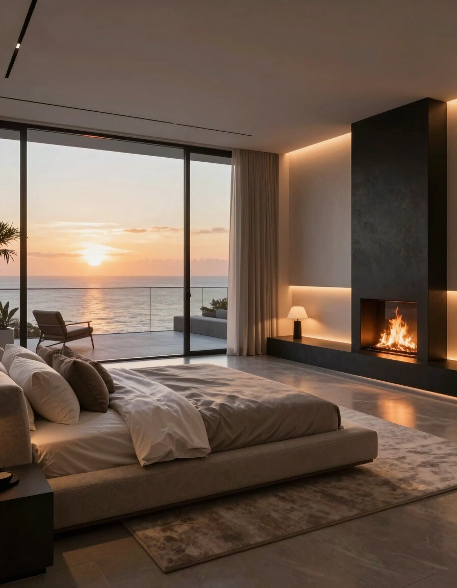 A modern minimalist bedroom with a large bed, fireplace, and ocean view at sunset, featuring soft lighting and sleek furnishings.
