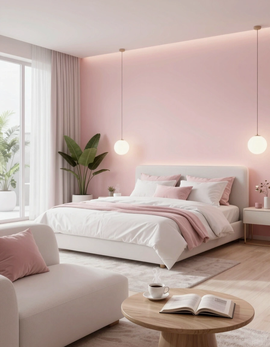 A modern bedroom with a white couch, pink accent wall, and a bed with white pillows, accompanied by a wooden coffee table and spherical pendant lights.