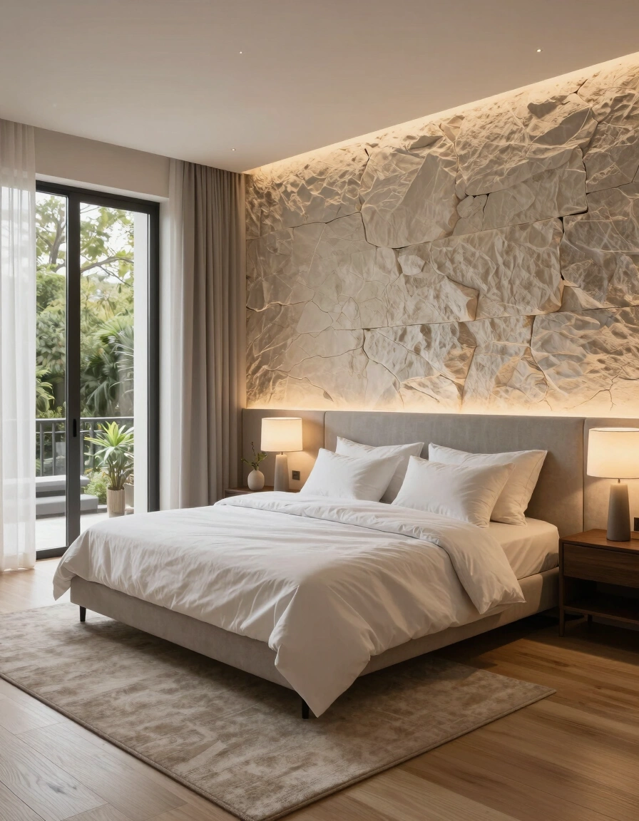 A modern bedroom with a large bed against a stone accent wall, minimalist bedside lamps, and a sliding glass door leading to a balcony.