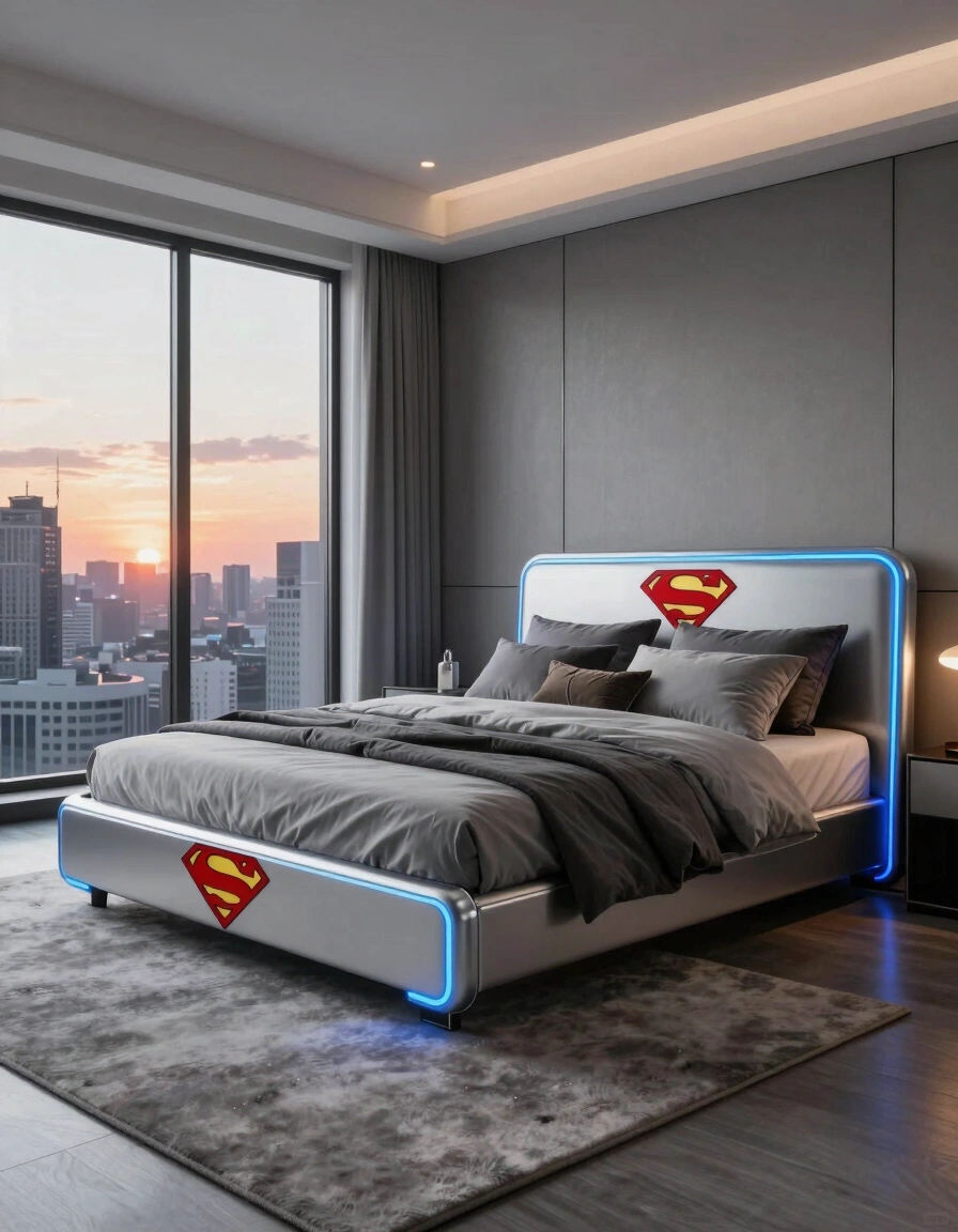 A modern bedroom with a Superman bed, gray bedding, and a city view at sunset.