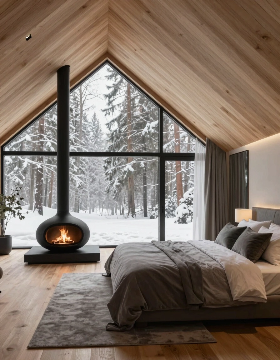 A modern bedroom featuring a vaulted wooden ceiling and a large pointed window with a snowy forest view, accompanied by a minimalist fireplace and a cozy bed.
