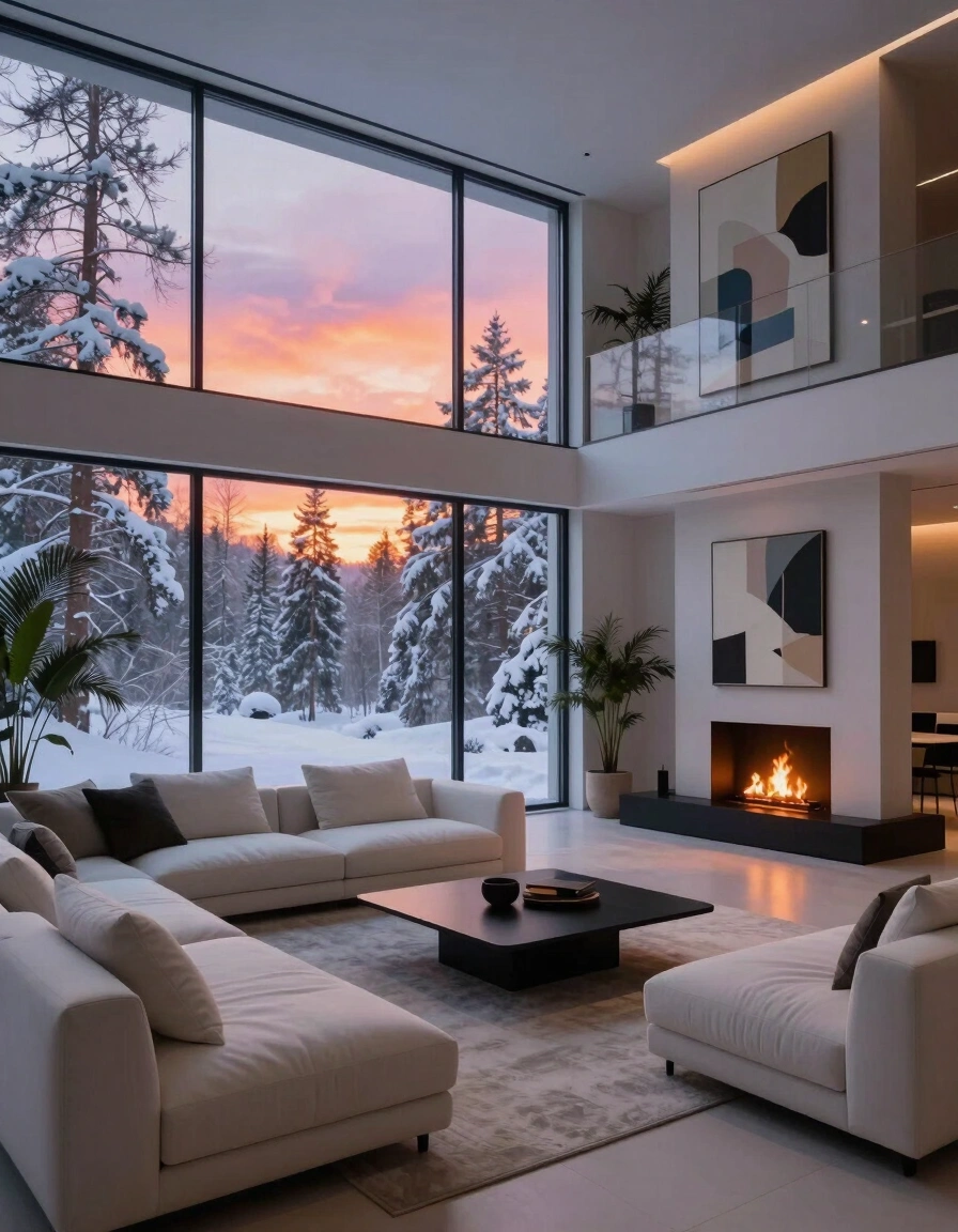 A modern living room with white sofas, a black coffee table, and a fireplace, overlooking a snowy forest through large windows.