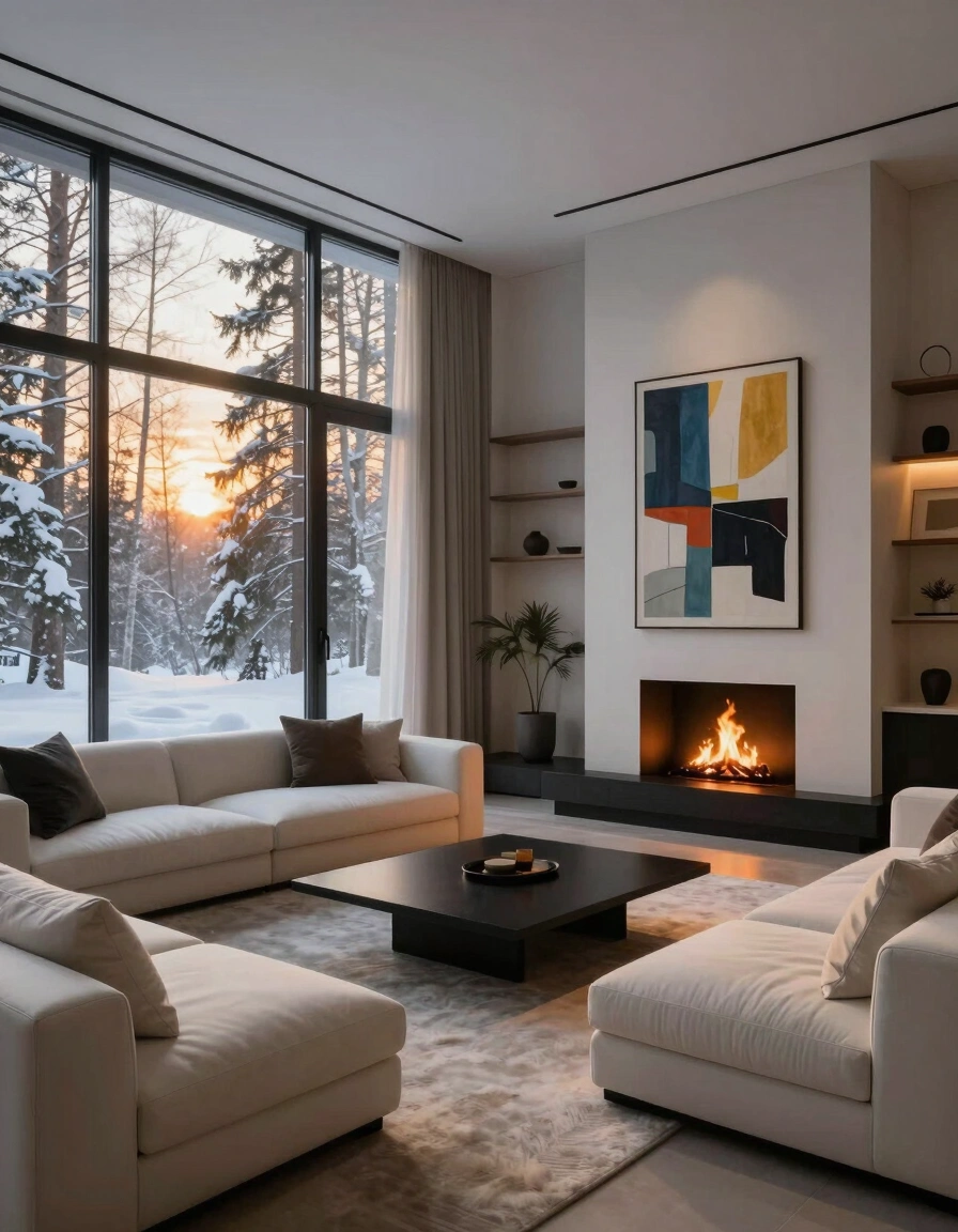 A modern living room with white sofas, black coffee table, and fireplace, overlooking a snowy forest through a large window.