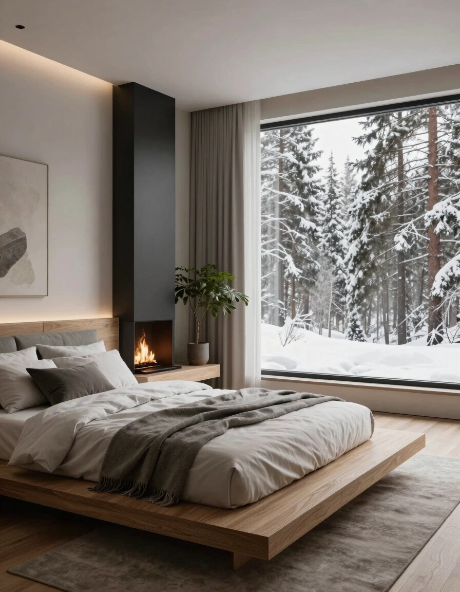 Modern bedroom with wooden platform bed, black fireplace, and large window showing snowy trees.