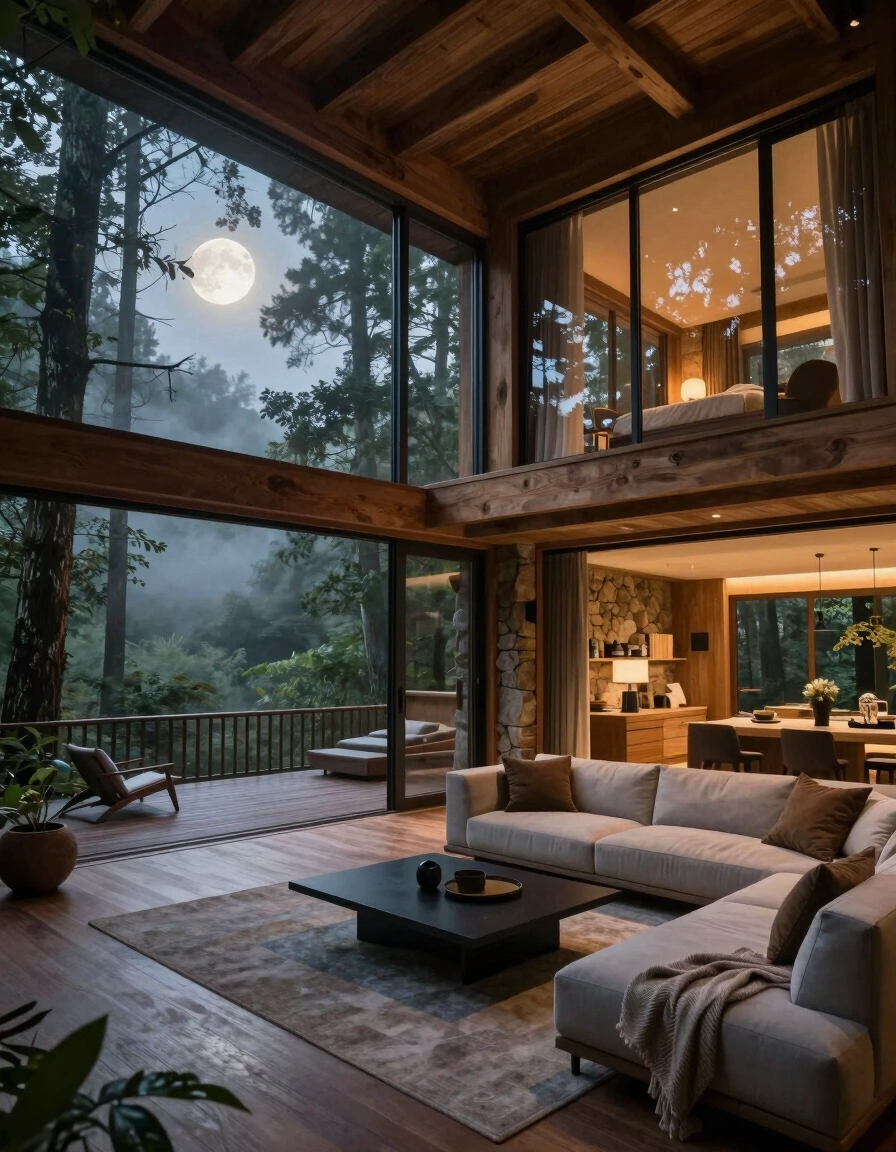 Luxurious treehouse with modern minimalist interior, large windows, and wraparound deck, set in a misty forest under a full moon.