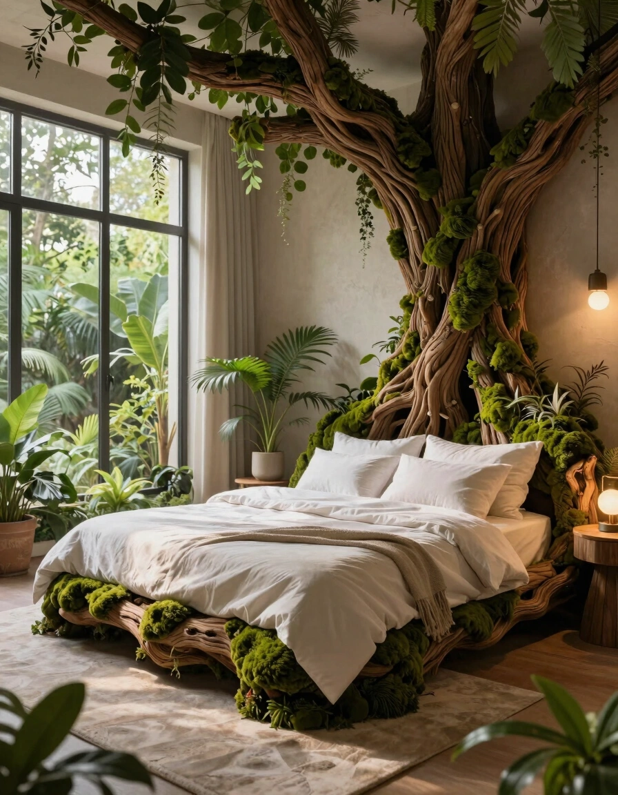 A bedroom with a large, moss-covered tree-like bed frame, white bedding, and soft lighting, surrounded by plants and a large window with natural light.