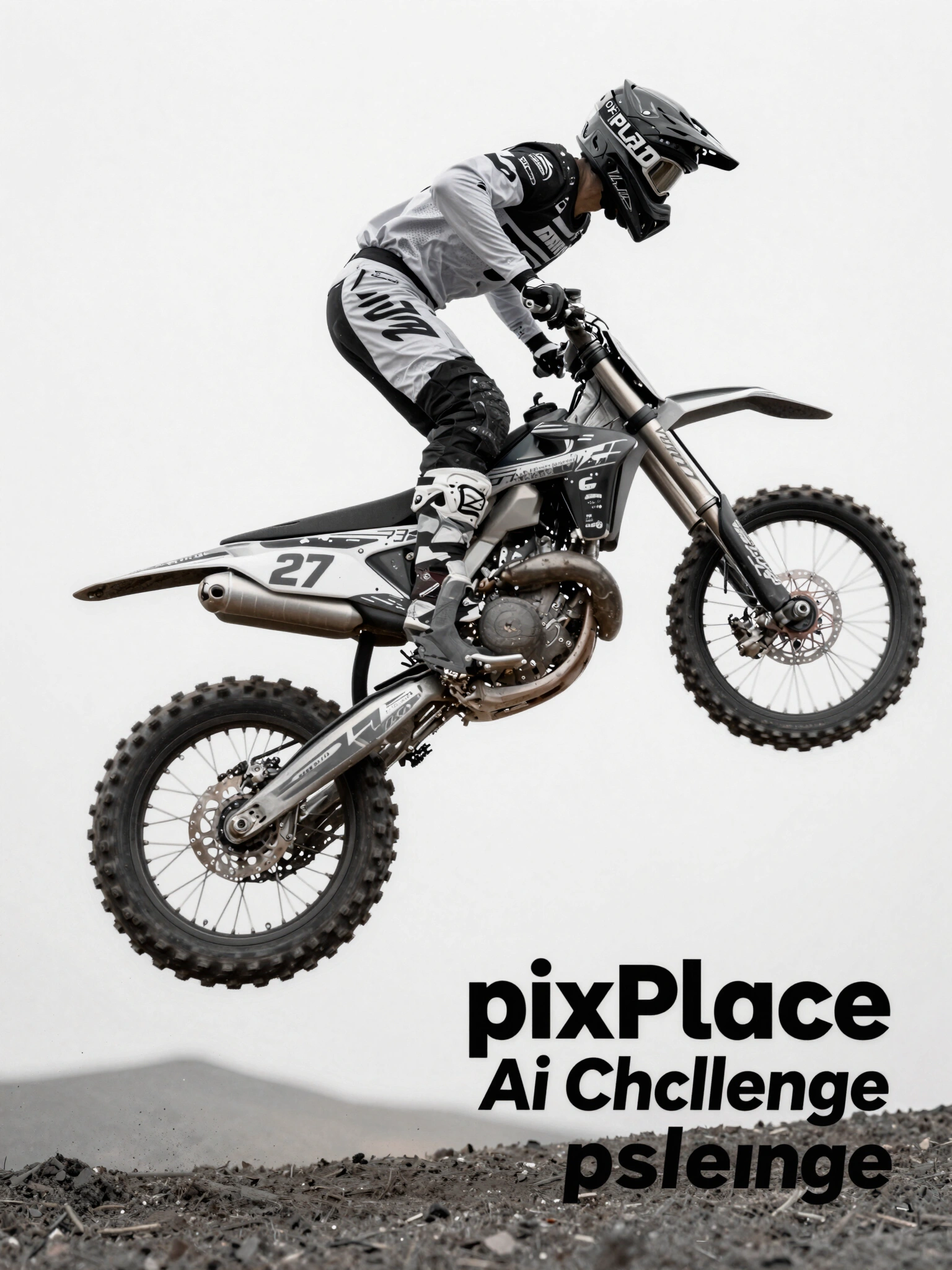 Motocross rider performing a jump on a dirt bike, with a dynamic pose and detailed bike features.