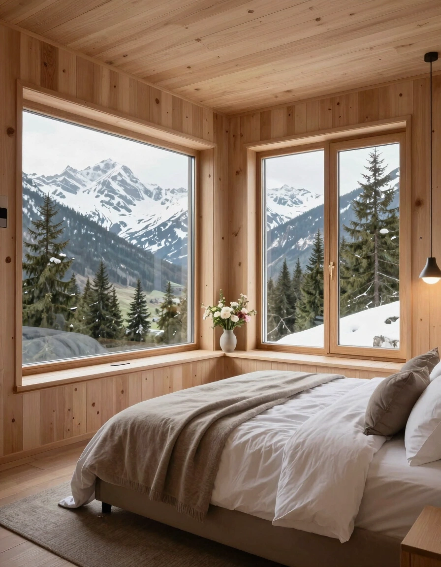 A cozy mountain chalet bedroom with a large bed, wooden walls, and a picturesque view of snow-covered mountains.