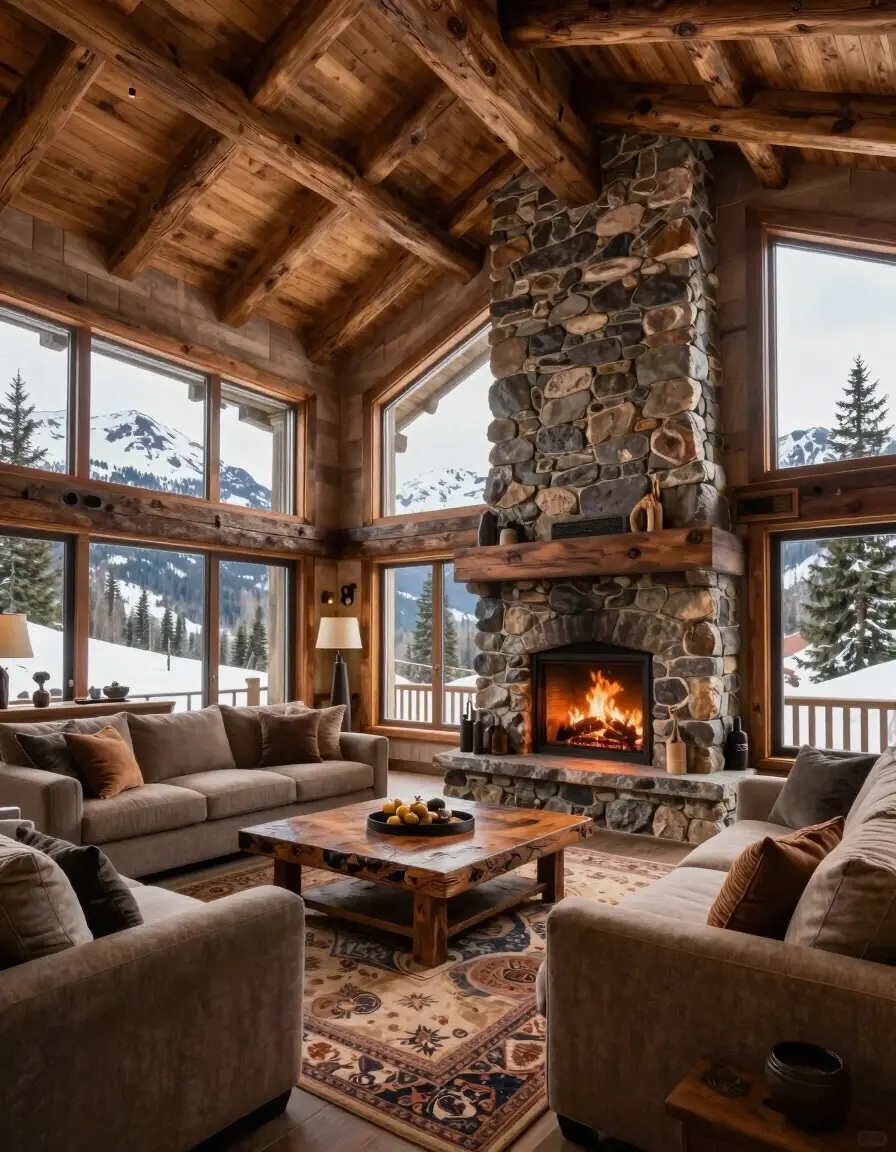 Luxurious mountain lodge living room with vaulted ceiling, large windows, stone fireplace, and plush furniture.