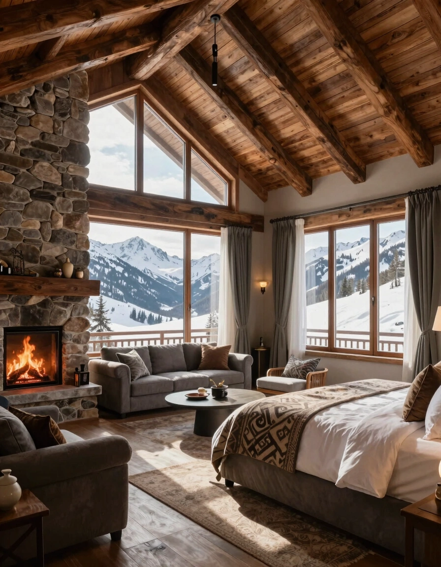 A serene mountain lodge bedroom with a stone fireplace and large windows offering a stunning view of snow-covered mountains and trees.