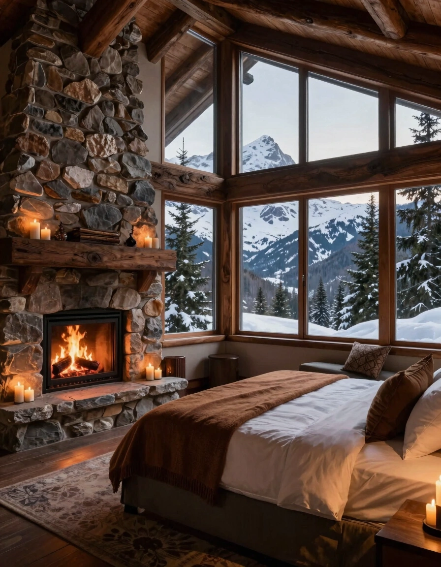 Cozy mountain lodge bedroom with stone fireplace, large windows, and a comfortable bed surrounded by candles and a warm fire.