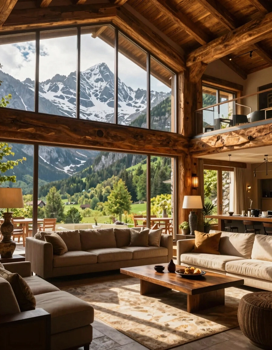 A modern mountain lodge with a wooden deck and large windows, nestled among trees and rocks, with snow-capped mountains in the background.