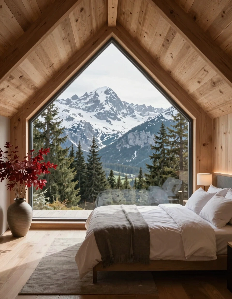 A tranquil mountain lodge bedroom with a large triangular window, minimalist bed, and vase with red foliage.
