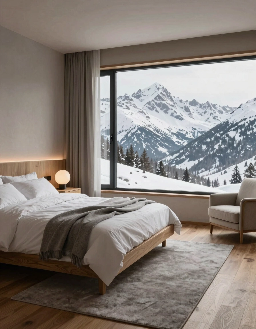 A peaceful bedroom with a large window offering a stunning view of snow-covered mountains, featuring a minimalist wooden bed and beige armchair.
