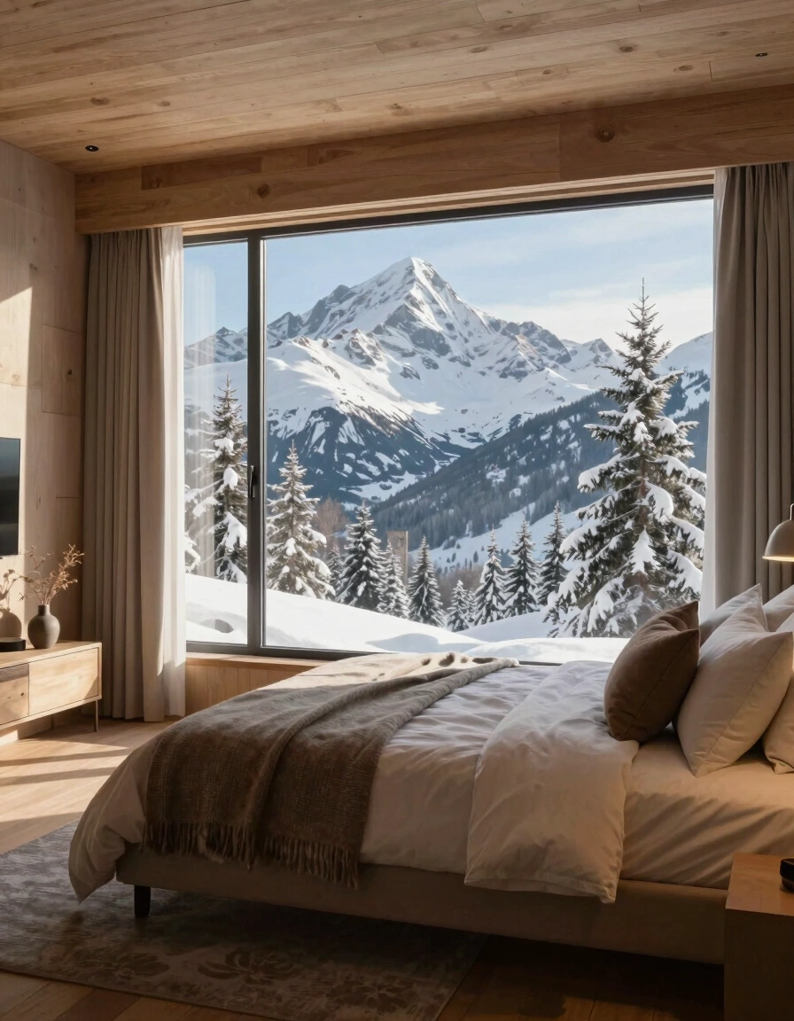A peaceful mountain lodge bedroom with a large window, wooden interior, and plush bed, surrounded by snow-covered mountains and trees.