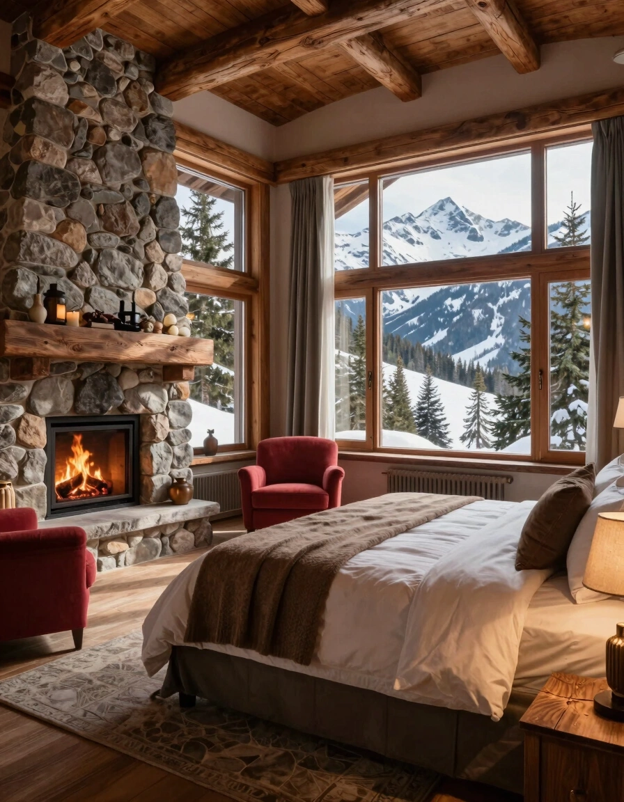 A serene mountain bedroom with a fireplace, large windows, and a cozy bed, surrounded by natural beauty.