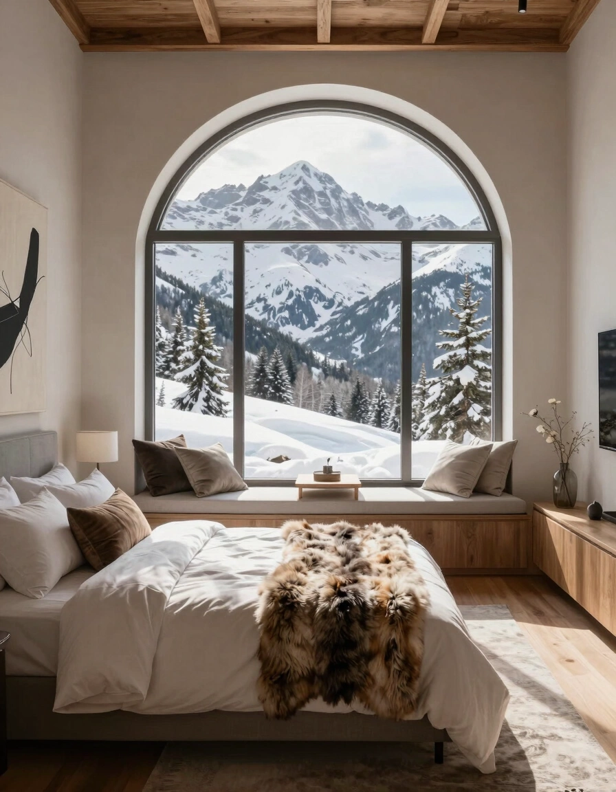 A serene mountain bedroom with a large arched window, comfortable bed, and minimalist decor, featuring a fur throw and abstract art piece.