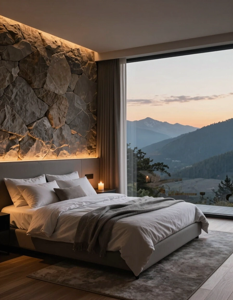 A modern bedroom with a large window showing a mountain view, a bed with gray and white bedding, and a stone wall.