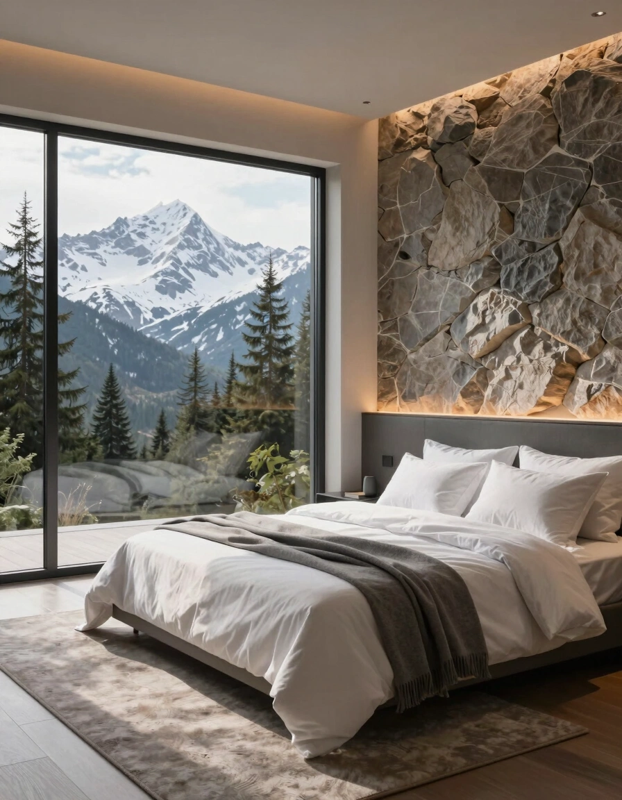 A peaceful bedroom with a large window showing snow-covered mountains and trees, a simple bed with white bedding, and a stone wall with soft lighting.