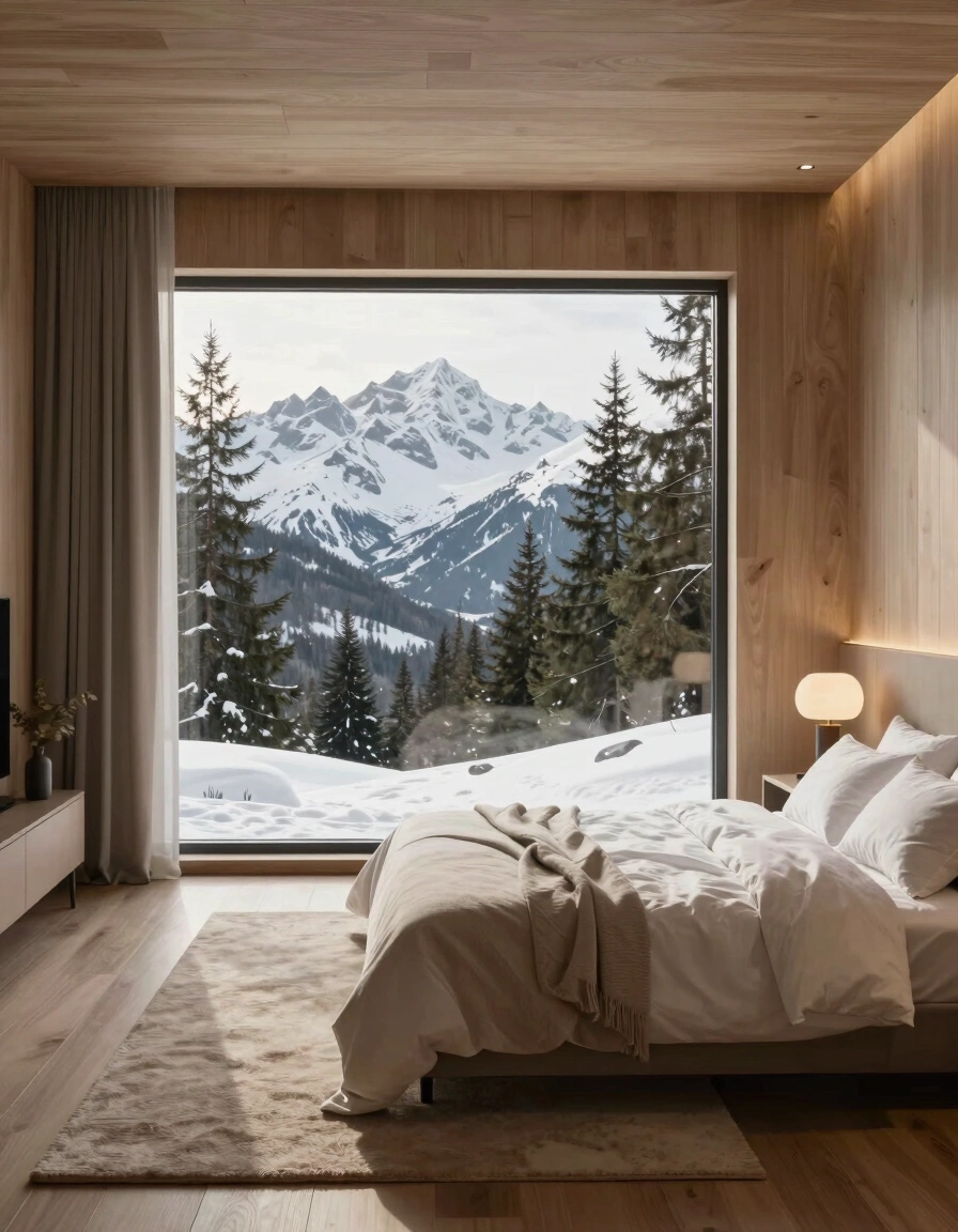 A serene bedroom with a large window showing snow-capped mountains and evergreen trees, featuring light wood paneling and minimalist decor.