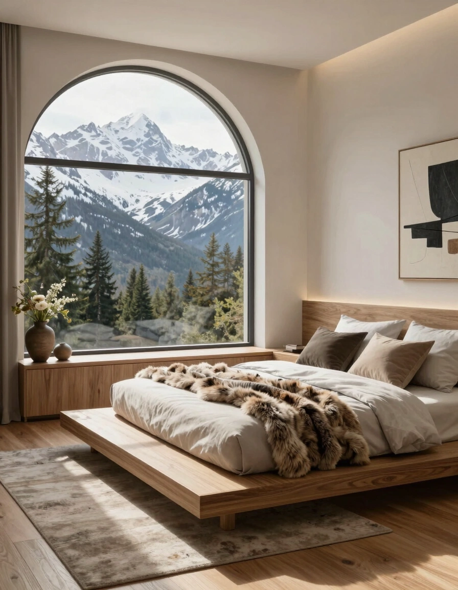 Serene bedroom with arched window, wooden bed, and snowy mountain view