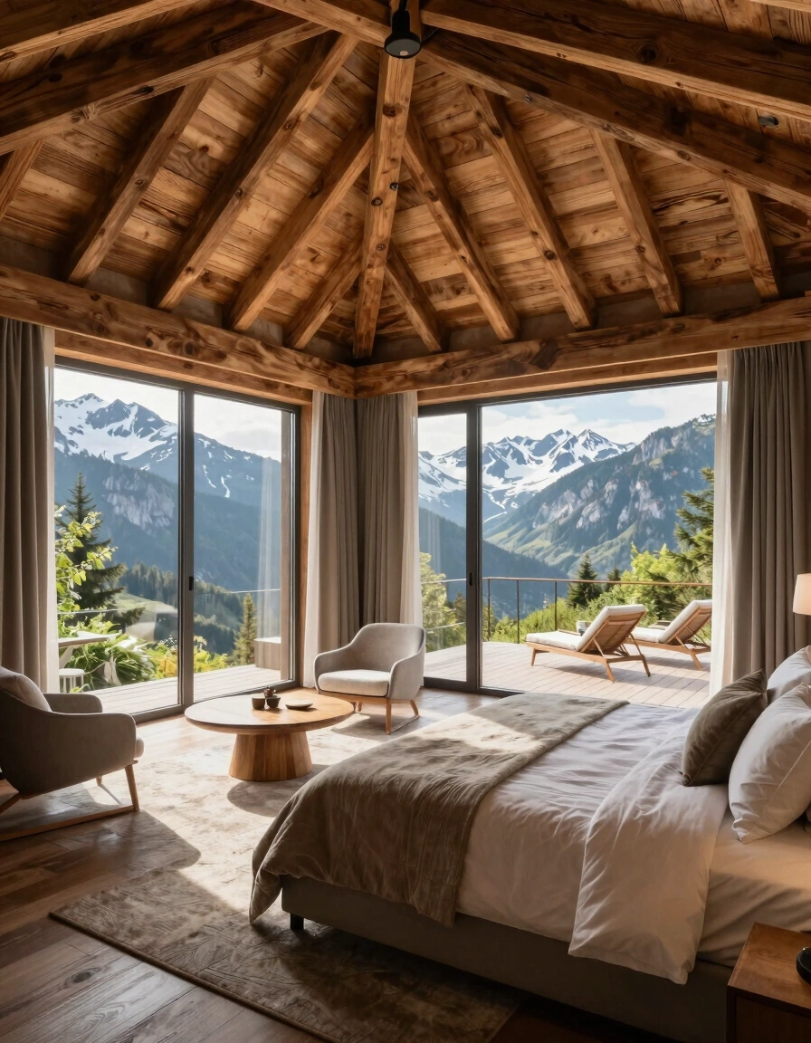 Luxurious mountain retreat bedroom with vaulted wooden ceiling, expansive windows, and outdoor deck.