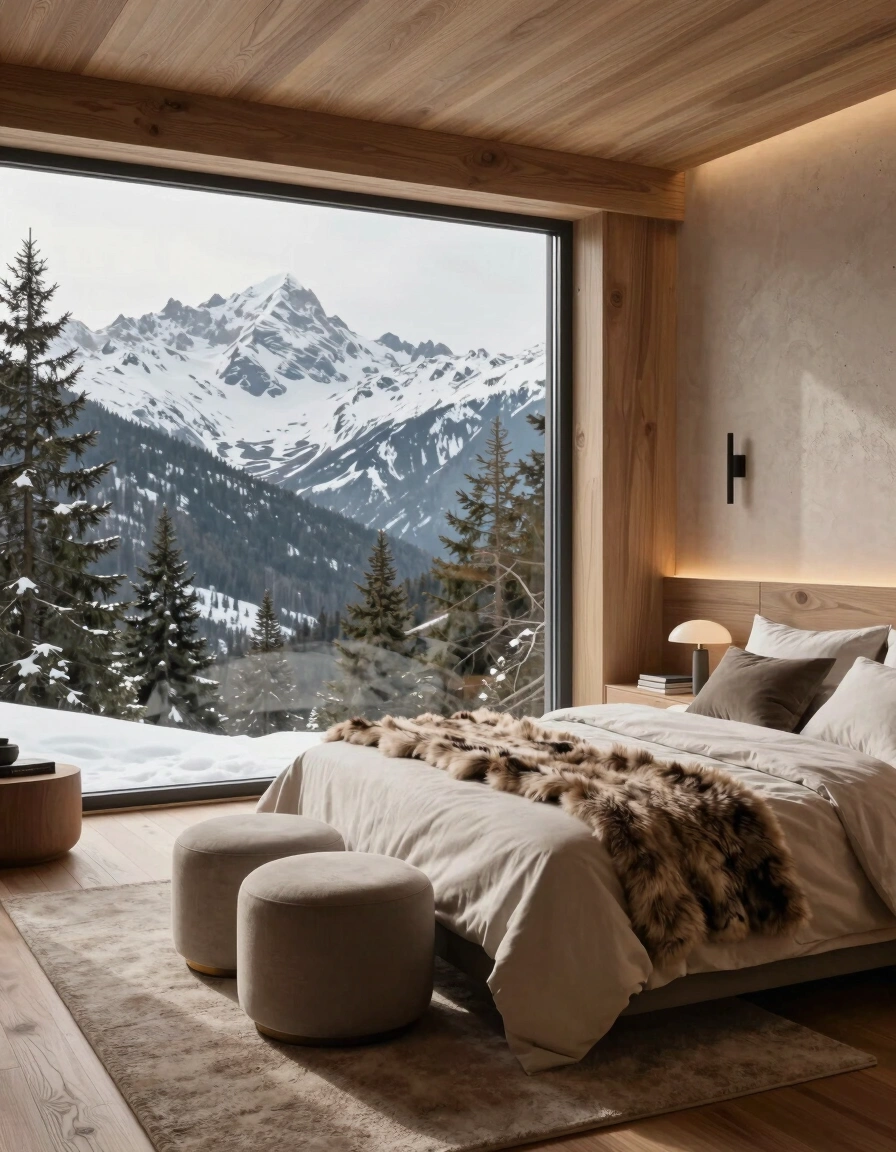 A cozy mountain retreat bedroom with a large window, minimalist wooden interior, and a plush bed with beige linens and a fur throw.