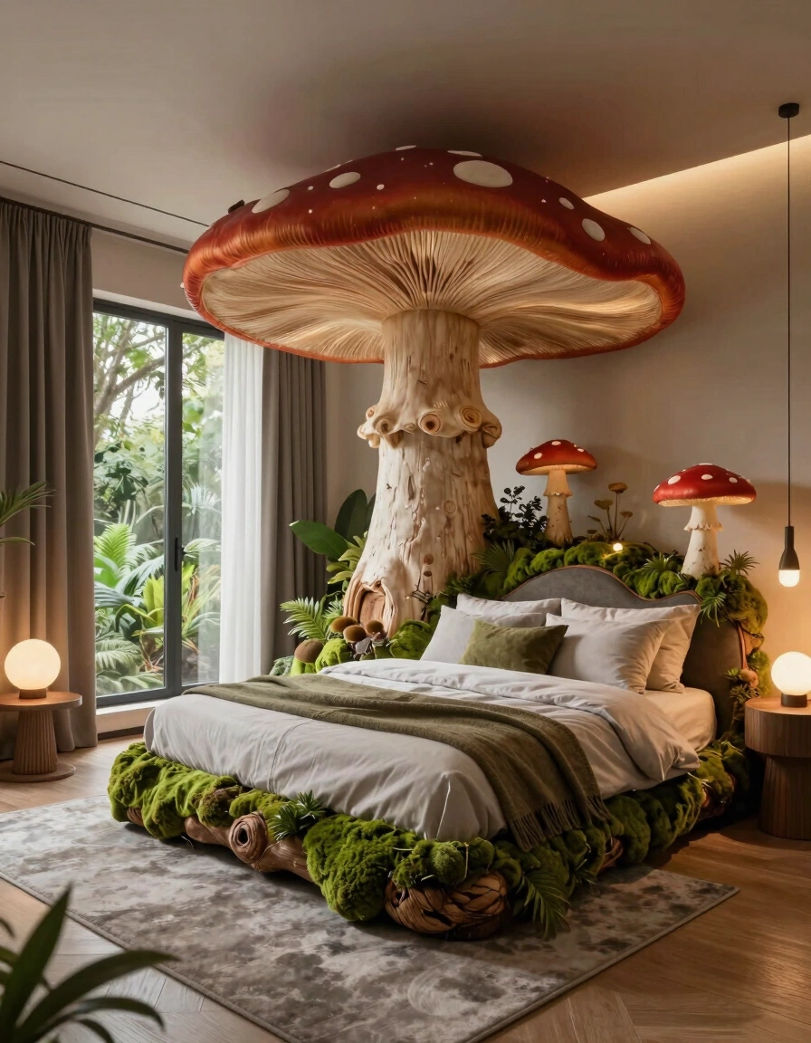 A bedroom with a tree trunk bed frame and red mushroom lampshades, surrounded by greenery and soft lighting.