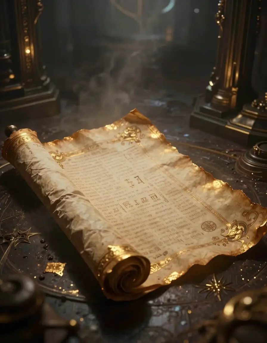 An ancient, mystical scroll with golden accents, unrolled on a dark surface, with soft, ethereal light shining down.