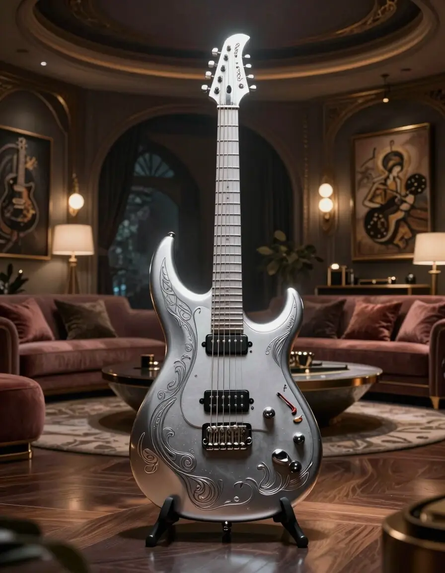 A silver, electric guitar with a scimitar-like body and a glowing halo is displayed in a dimly lit, mystical room, creating a captivating centerpiece for a luxurious living room or music studio.