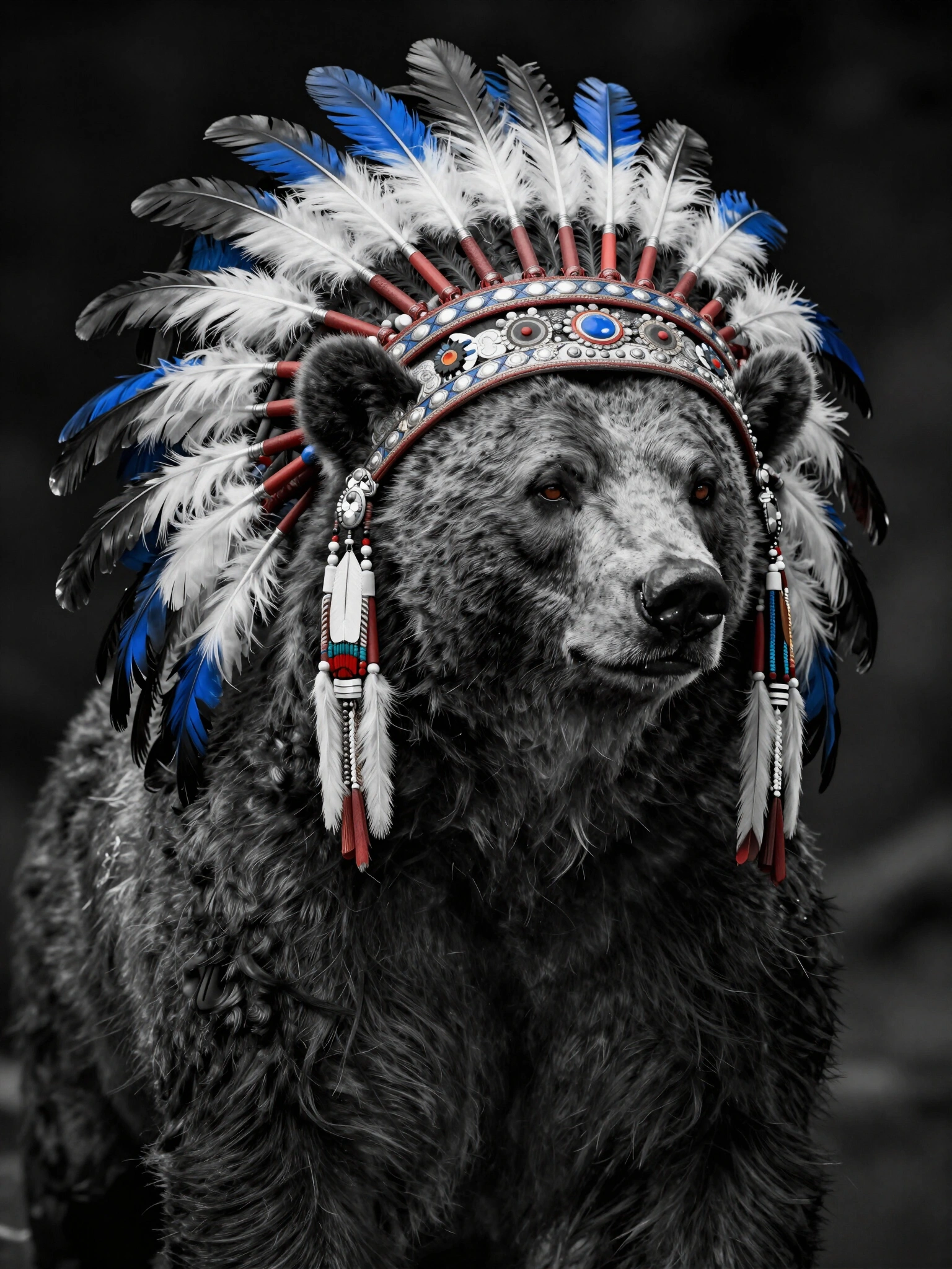 A bear wearing a colorful Native American headdress, set against a dark background, with a mix of black, white, blue, and multicolored feathers.